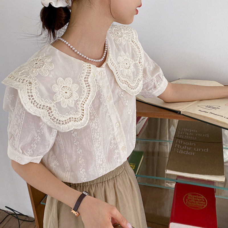 Chemise à manches courtes avec col en dentelle et broderie coréenne, réduction de l'âge