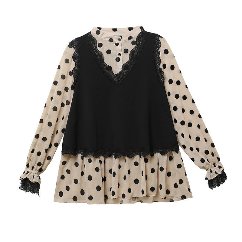 Lace V-Neck Two-Piece Patchwork Polka Dot Top