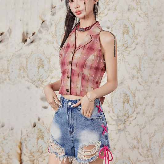 Retro Plaid Worn Vest Sleeveless