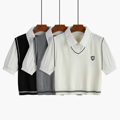 Pull tricoté à col Polo court pour femmes, avec faux haut deux pièces