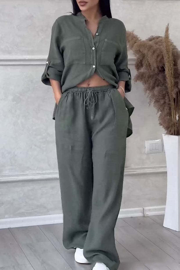 Paquete de pantalones de dos piezas con top informal de manga larga y cuello alto nuevo para mujer