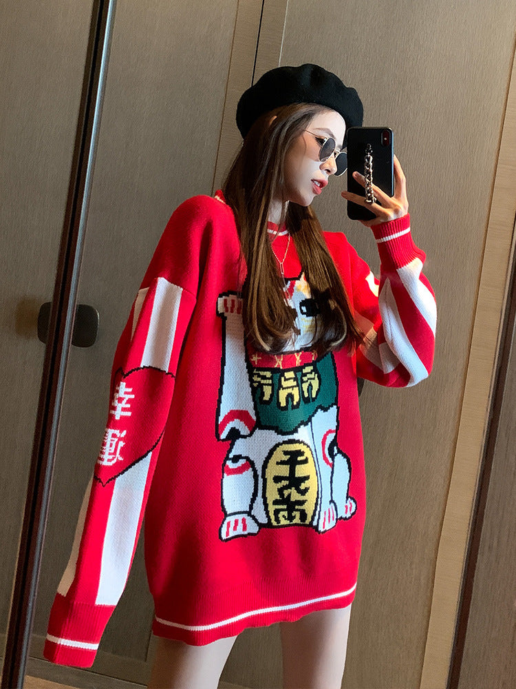 Women's Fashion Lucky Cat Thick Retro Sweater