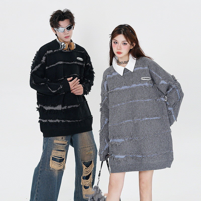 Irregular Cut Deformed Striped Solid Color Sweater