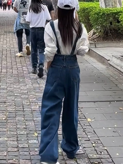 Pantalon à bretelles en denim à jambe large et coupe ample taille haute pour femme