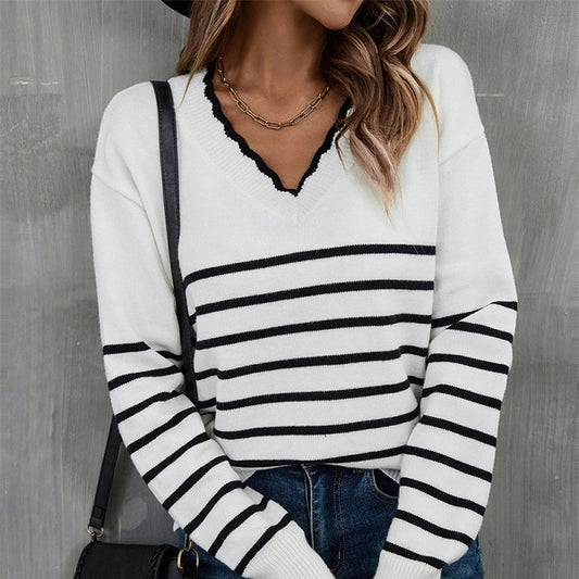 Autumn And Winter New V-neck Striped Sweater Sweater For Women