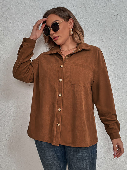 Plus Size Collared Neck Long Sleeve Shirt