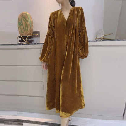 Robe française rétro en velours de soie à manches bouffantes