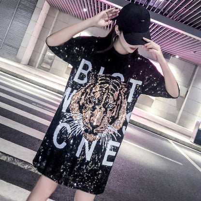 Women's Large Size Mid-length Sequined T-shirt Short Sleeve Loose