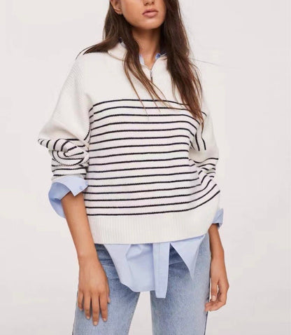 High Neck Bottoming Knitted Sweater With Stripes