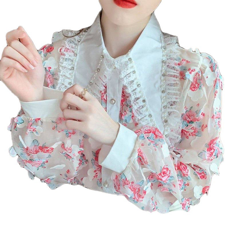 Korean Version Sweet Shirt Female Doll Collar Petals Super Fairy Chiffon Long Sleeves