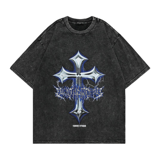 High Street Short Sleeve Washed Distressed Cross Hip Hop T-Shirt