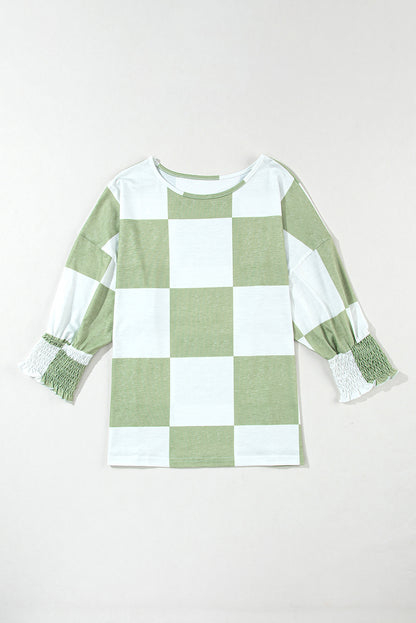 Blusa con puños fruncidos y estampado a cuadros en mezcla de verde hierba