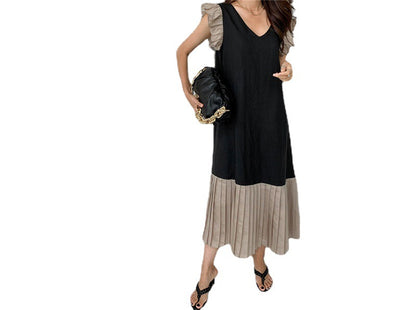 Color Contrast Patchwork Pleated Female Dress