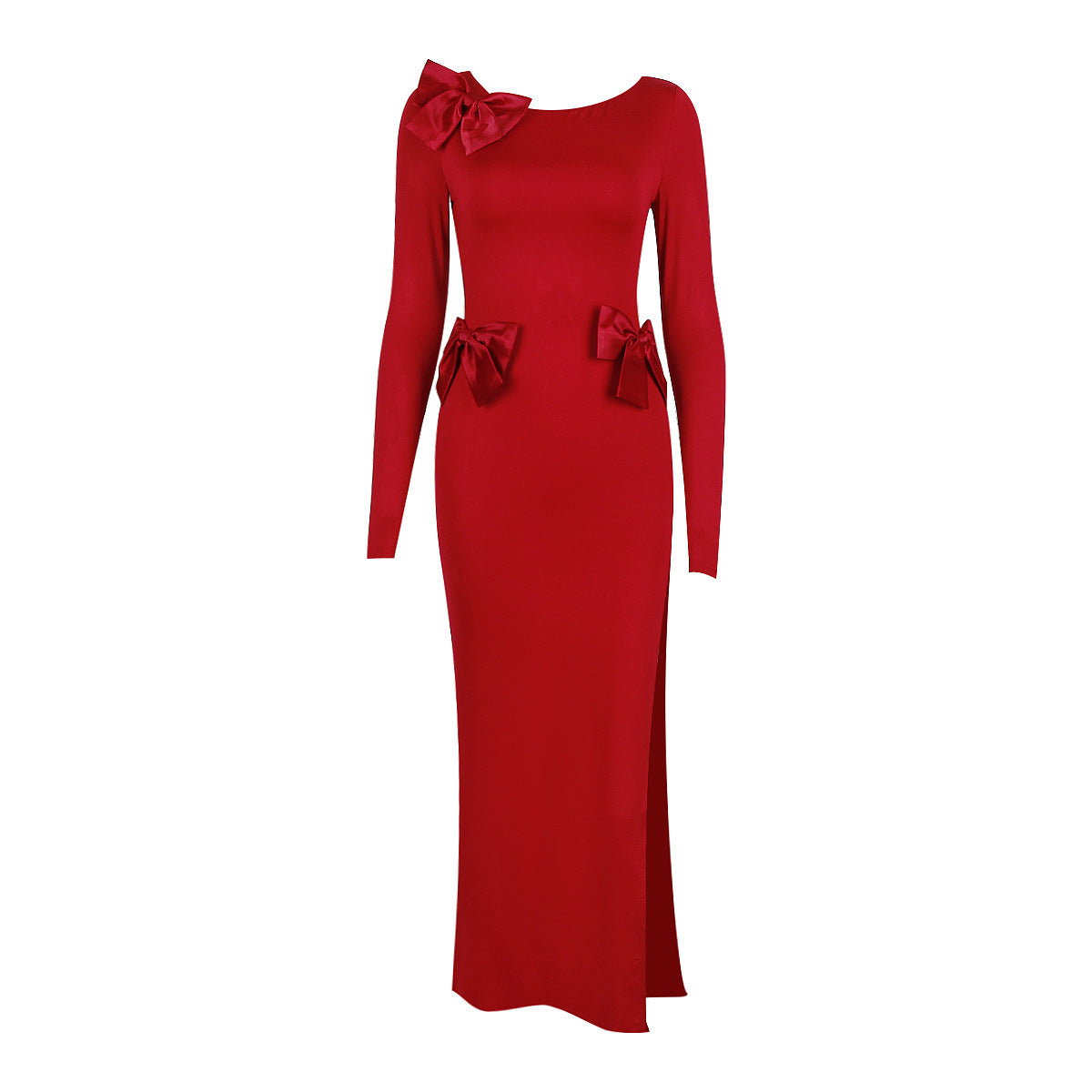 Robe fendue à manches longues et dos nu avec nœud Robe rouge