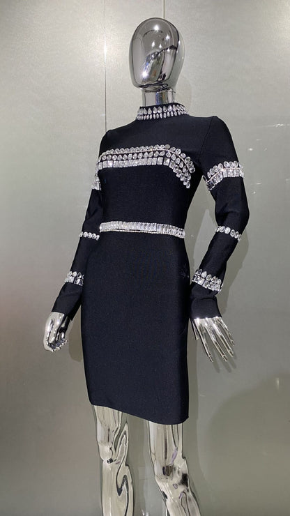 Vestido negro de cuello alto medio con diamantes de imitación a la moda para mujer