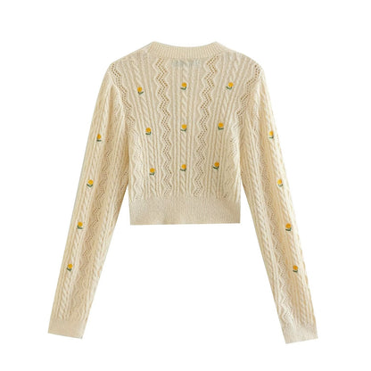 Embroidered Small Flower Round Neck Long Sleeve Fashion