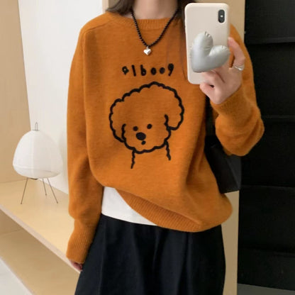 Pull brodé de chiot de dessin animé mignon pour les femmes