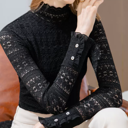 Half-high Neck Lace Bottom Blouse For Women In Autumn And Winter