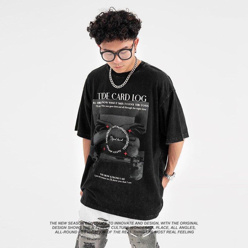 High Street Fried Wash Direct Injection Personalized Printed Short Sleeve