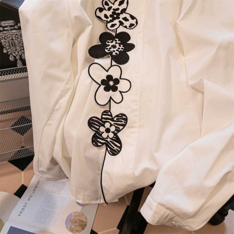 Japanese High Class Hong Kong Style Flower Embroidery Shirt Girl