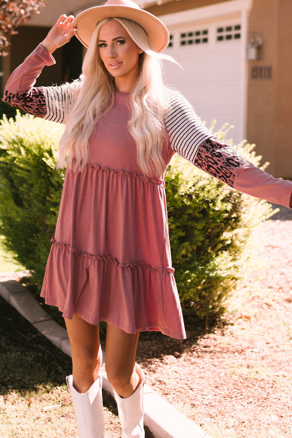 Pink Striped Leopard Patchwork Long Sleeve Mini Dress