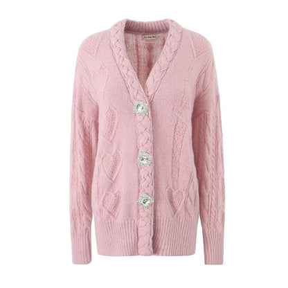 Women's American-style V-neck Rhinestone Buckle Heart-shaped Twist Knitted Sweater