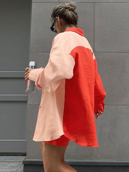 Costume décontracté à manches longues et short pour femmes, couleur contrastée, à la mode