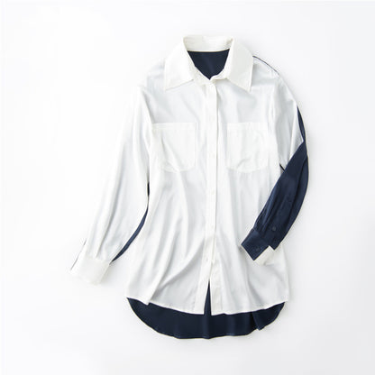 Silk Long Sleeve Shirt Women's Patchwork