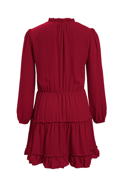 V Neck Long Sleeve Ruffle Tiered Mini Dress