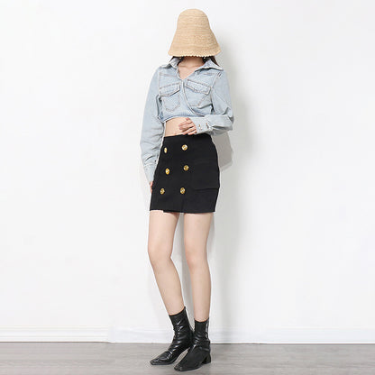 Long Sleeve Lace-Up Cropped Denim Jacket