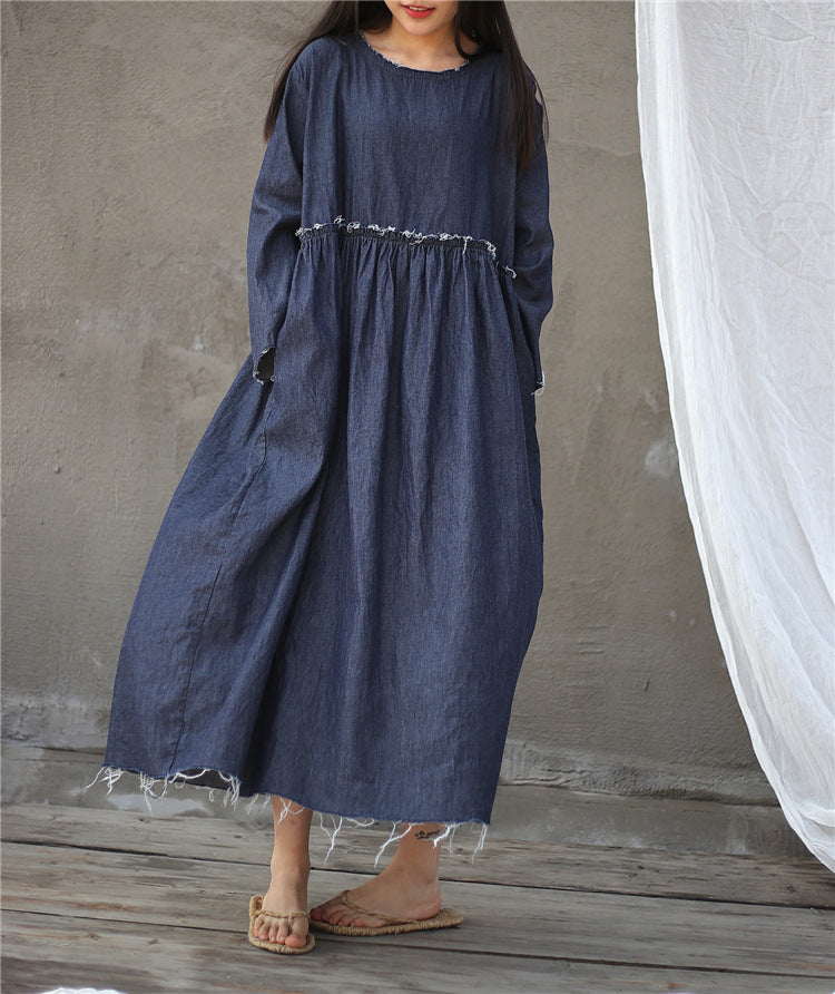 Spring Denim Blue High Waist Pleated Loose Burrs Dress