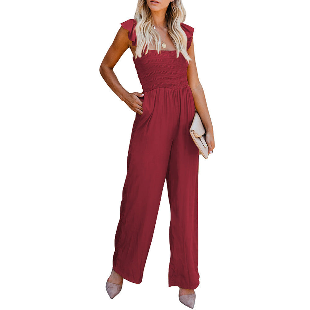 Summer Solid Pocket Casual Loose Wide Leg Jumpsuit