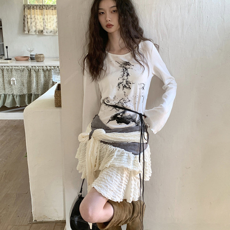 Printed Knitted T-shirt High Waist Short Irregular Skirt Two-piece Set