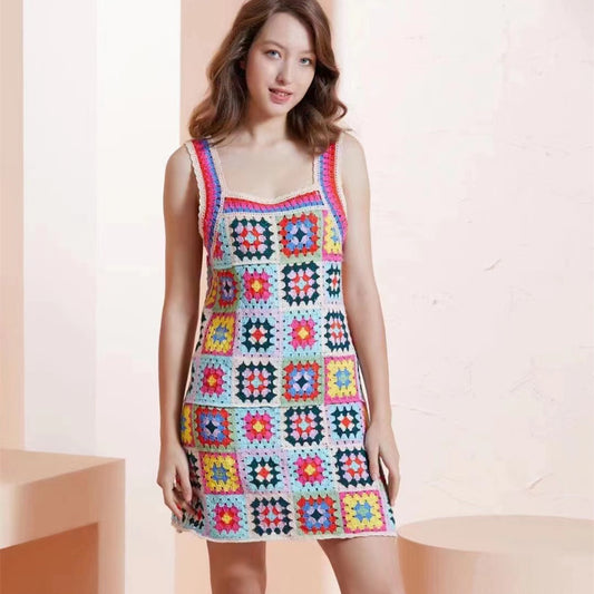 Ethnic Style Contrast Color Heavy Industry Crochet Cutout Sling Dress