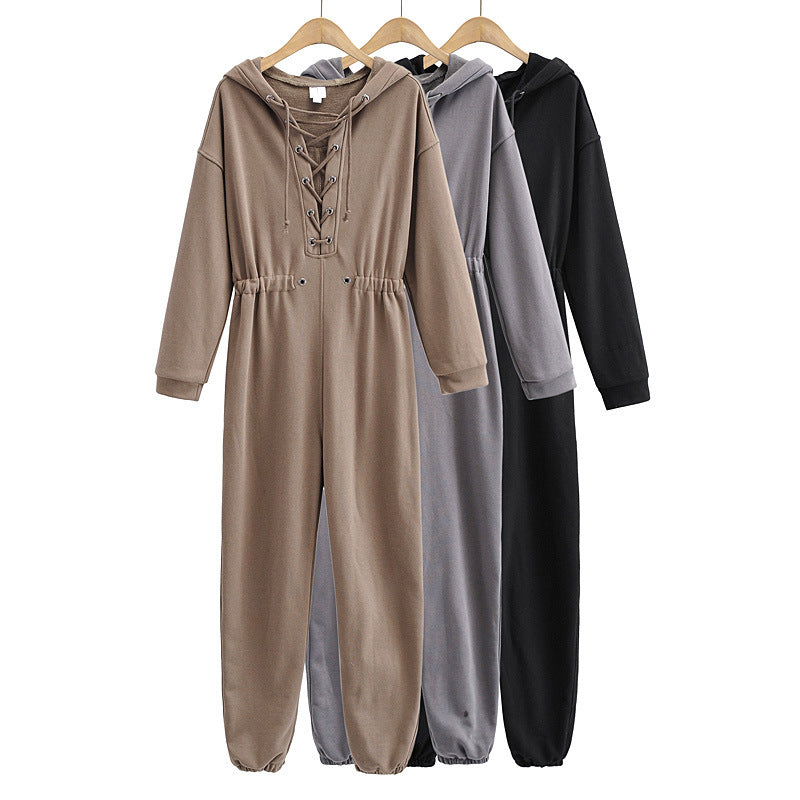 Ladies Loose Rope Hooded Sweater Jumpsuit