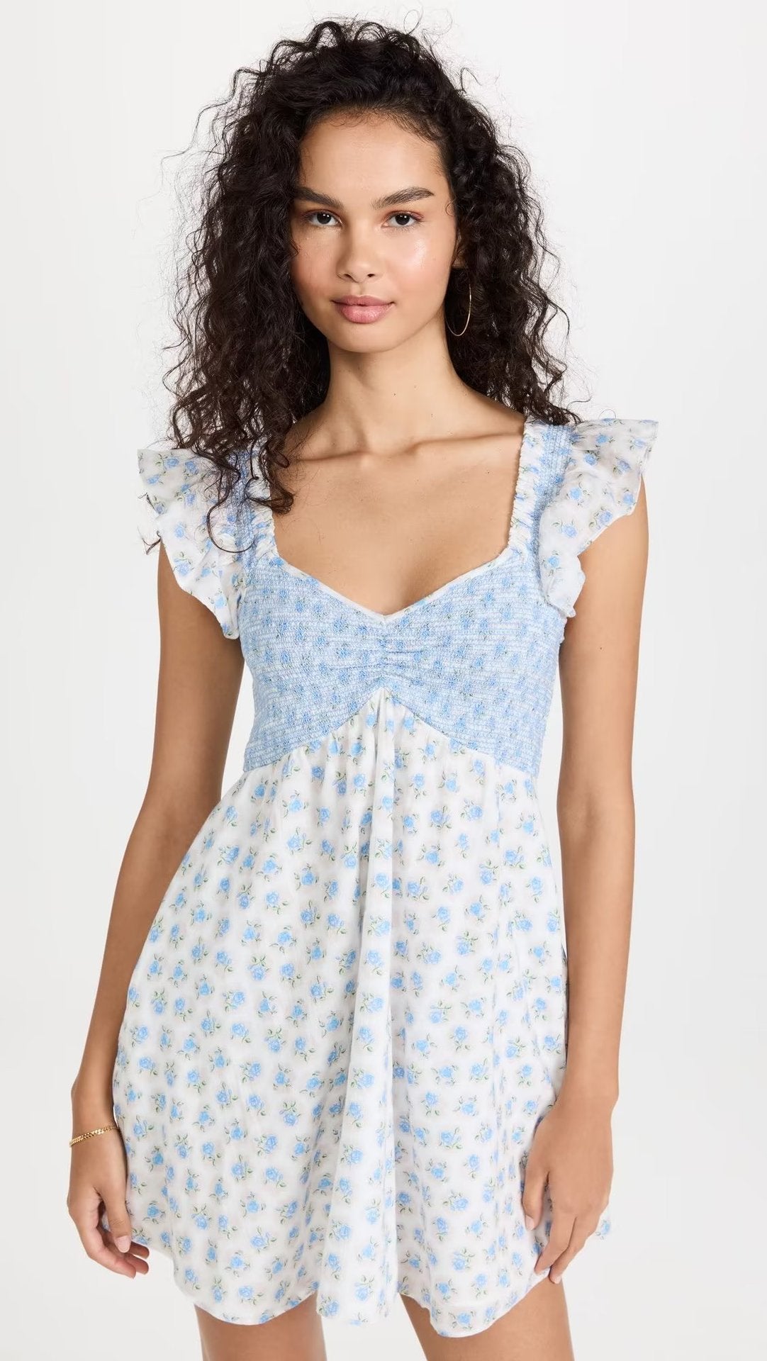 Robe ample élastique à petites fleurs bleues, Style vacances françaises