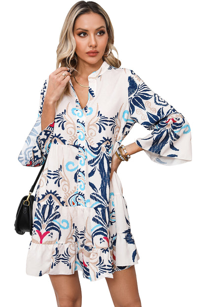 White Printed Tribal Print Bracelet Sleeve Buttoned Mini Dress