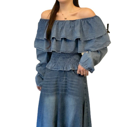 Retro Off-shoulder Waist-controlled Top Large Swing Denim Skirt