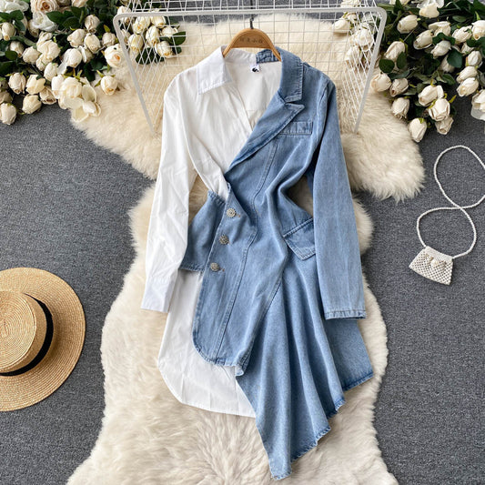 Irregular Long Sleeve Shirt Stitching Denim Dress