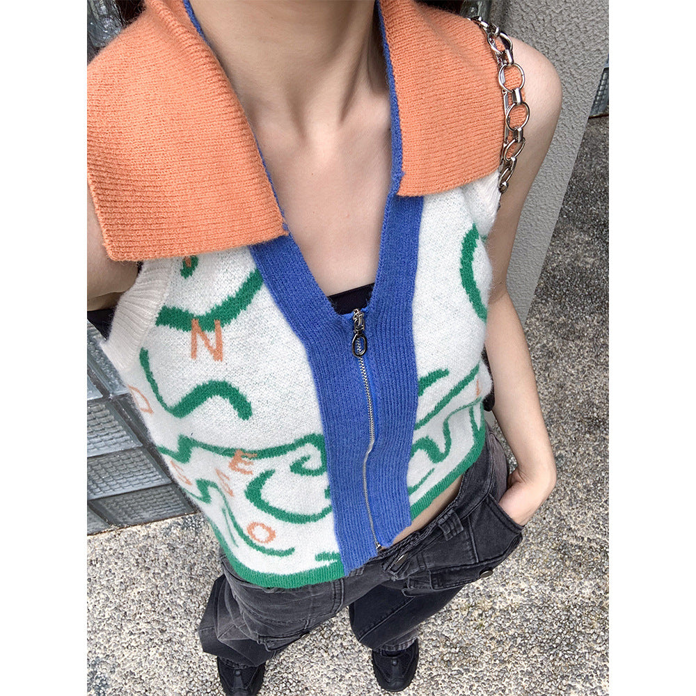 Women's Korean Style Personalized Colorblock Knitted Vest