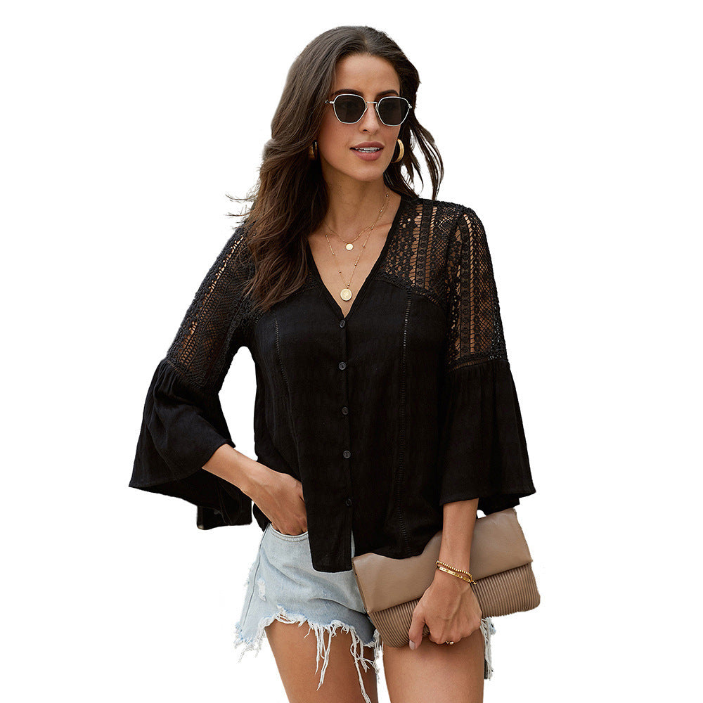 Mid-length Shirt Women's Hooded Hollow V-neck Flared Sleeve Lace Shirt Top