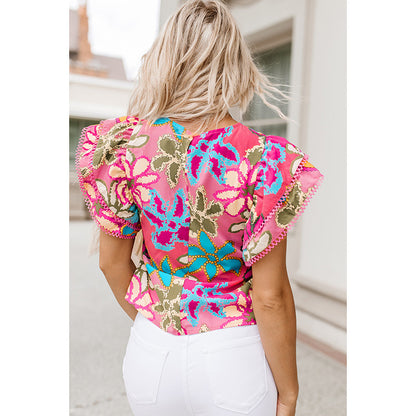 Jersey de manga con volantes Estilo informal Top de manga corta con estampado floral