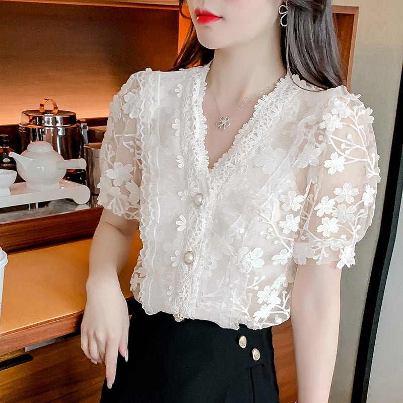 Lace Shirt Three-dimensional Flower V-Neck Puff Sleeve