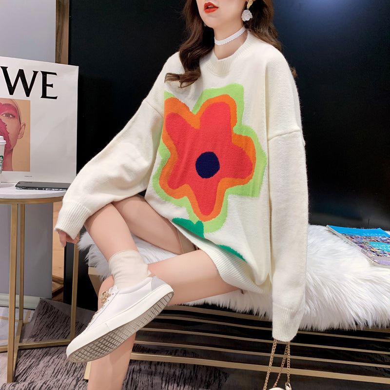 Large Flower Sweater Round Neck Long Sleeve