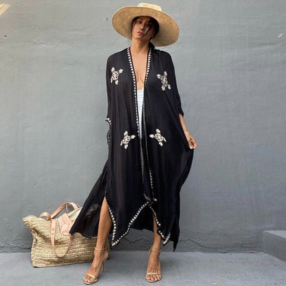 Rayon Embroidered Holiday Sun Protection Cardigan Beach Cover Up