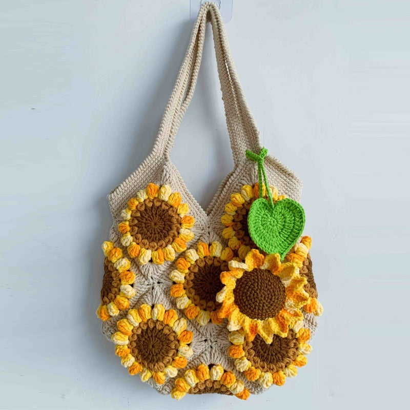 Material para bolso de hombro con girasoles tridimensionales, tejido de lana, hecho a mano