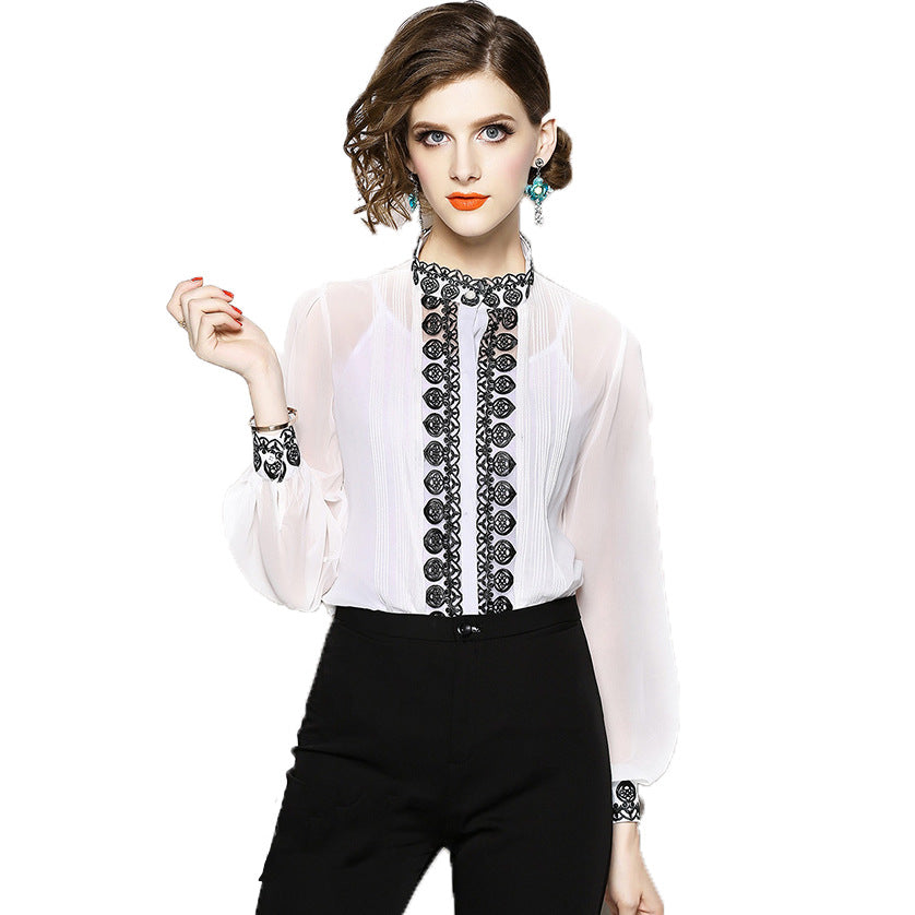 Slim Fit And Slim Heavy Embroidery Blouse With Suspenders