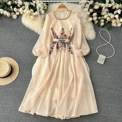 Machine Embroidery Mesh Beads Long Sleeve Dress Women