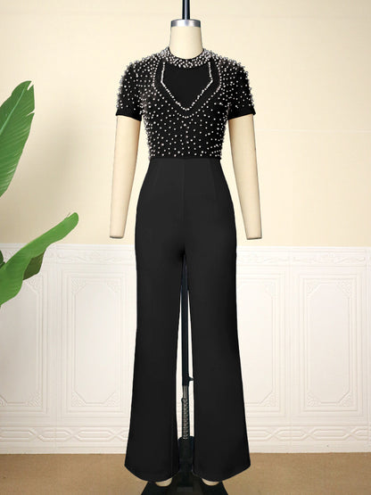 Round Neck Short Sleeved Beaded Jumpsuit