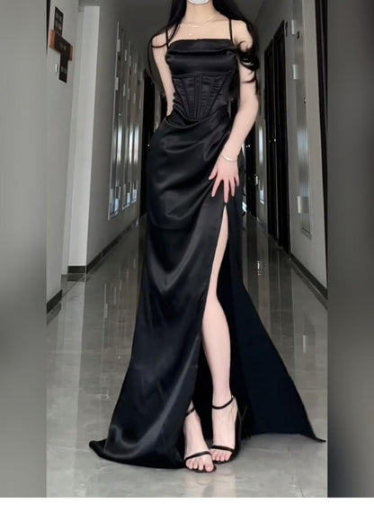 Long Formal Plus Size Black Slit Sling Dress